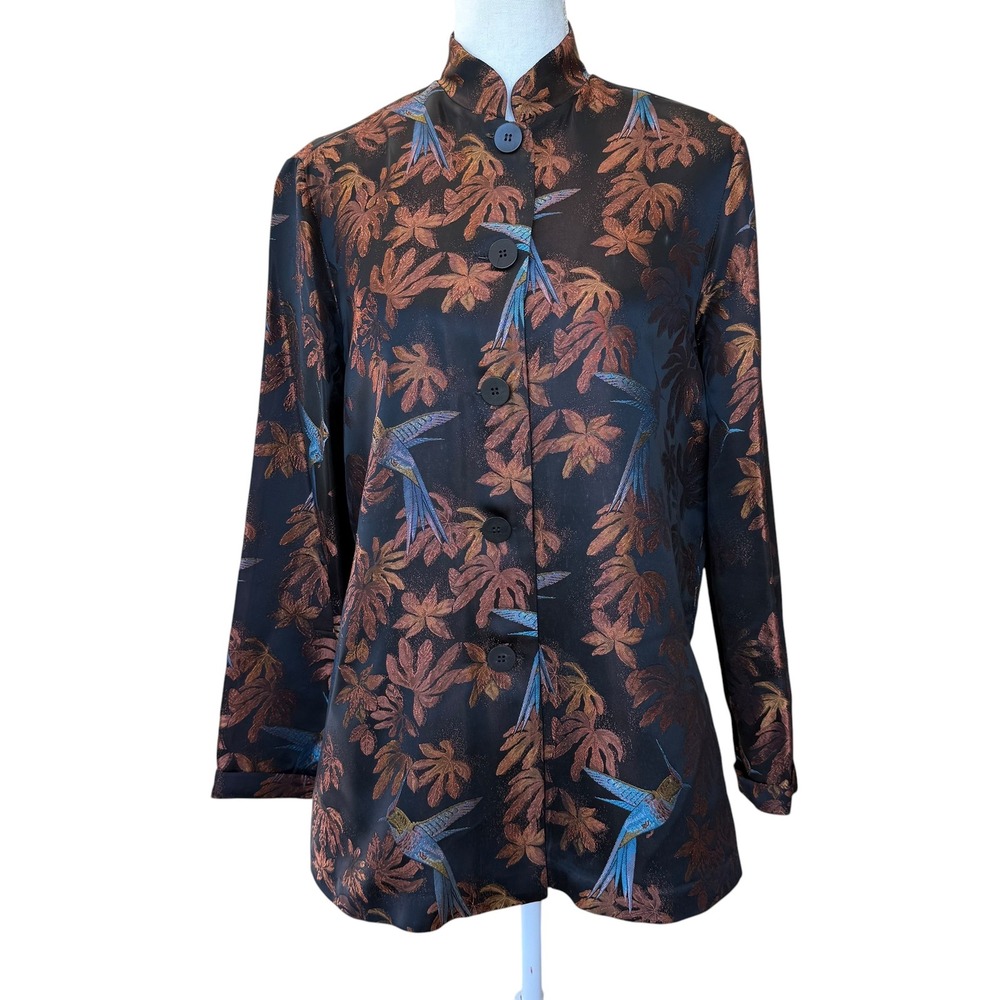 Harari Hummingbird Maple Leaf Jacquard Mandarin Jacket Black Bronze Blue Women S